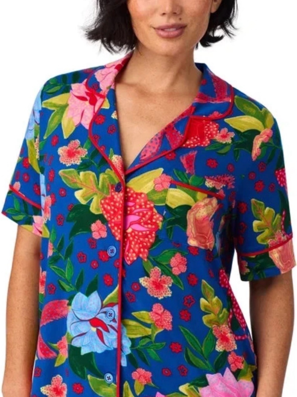 Room Service Floral Pajama Shirt Womens M Blue Tropical Button Front Lounge